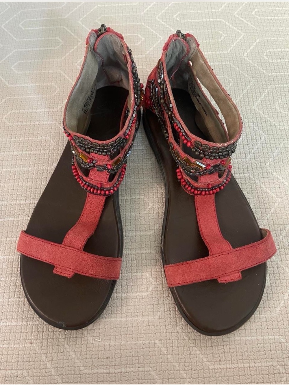 Pendleton Coral Red Beaded T-Strap Sandals